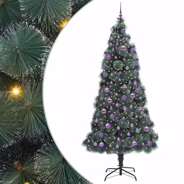 Albero di Natale artificiale pre-illuminato con LED luce bianca calda e set di palline verde vidaXL – 1