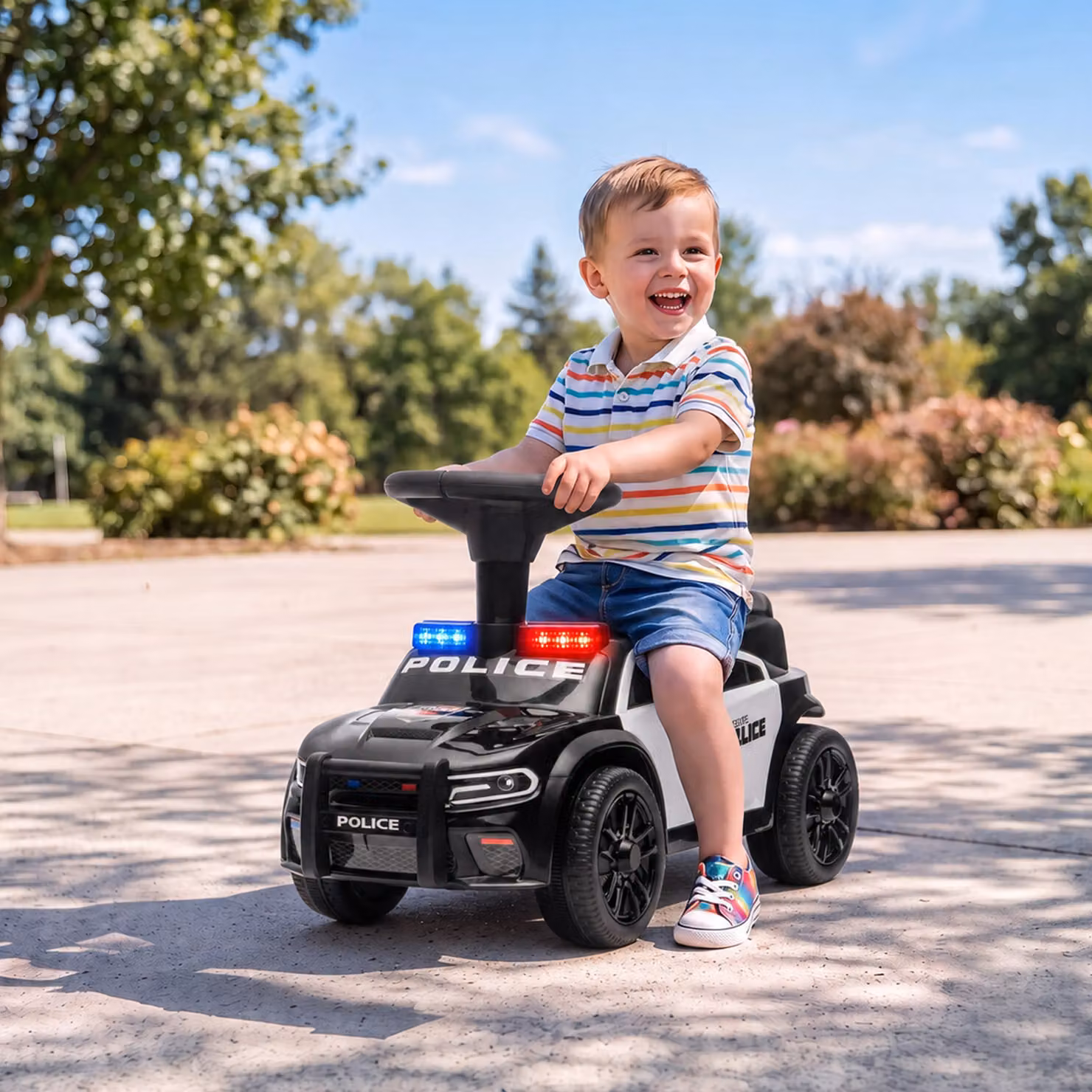 AIYAPLAY Macchina Cavalcabile per Bambini a Spinta Manuale a Tema Polizia con Musica e Vano Sottosedile, Nero – 2