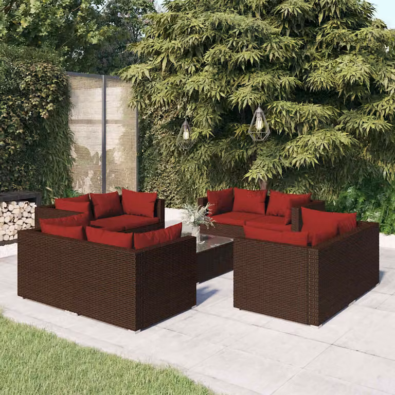 Set di divani da giardino vidaXL 9 pz in rattan marrone con cuscini e tavolino da esterno