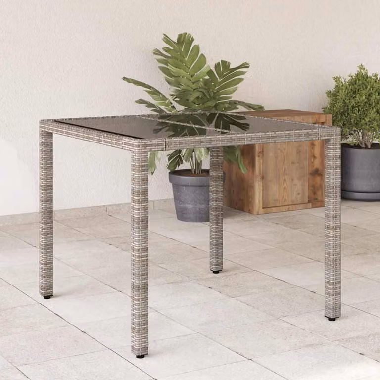 vidaXL Tavolo da Giardino Quadrato in Polyrattan e Vetro Grigio L/P/H: 90 x 90 x 75 cm