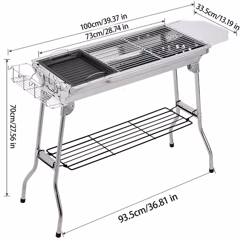 Set per barbecue da esterno, ideale per campeggio, composto da una griglia portatile e pieghevole a carbone in acciaio inossidabile, di grandi dimensioni e dal design leggero, perfetto per campeggio, feste in spiaggia, picnic, serate barbecue in giardino