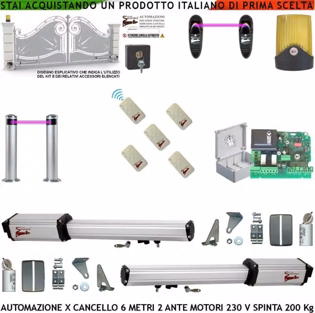 Cancello Elettrico 6 Metri 2 Ante da 3 MT Kit Motori Elettromeccanici 230 V Sblocco Corsa 500 mm Spinta 2 Q.tali Staffe 5 Radiocomandi 2 Coppie Fotocellule 2 Pali Selettore 2 Ck Faro Cartello Monitore