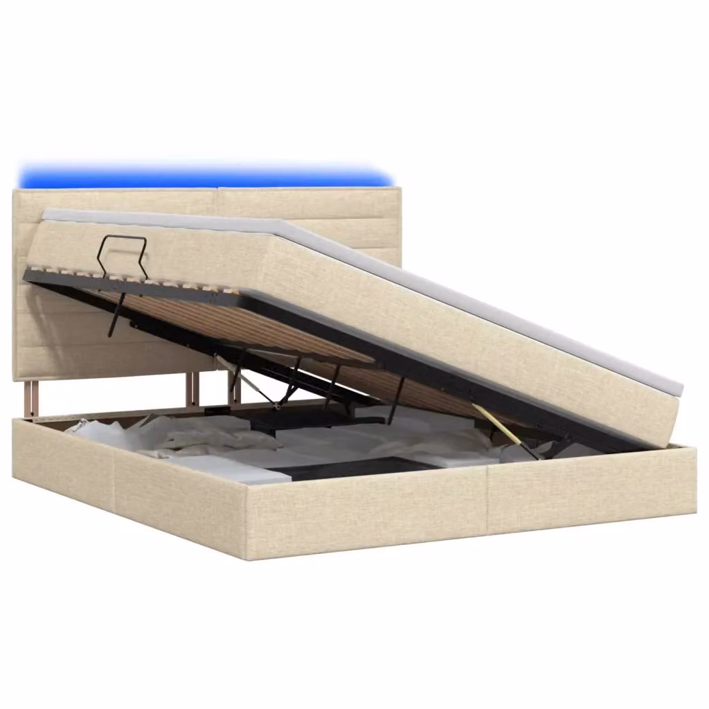 Letto con contenitore vidaXL in legno e tessuto beige con illuminazione LED e porte USB, L/P/H: 204 x 140 x 128 cm – 2