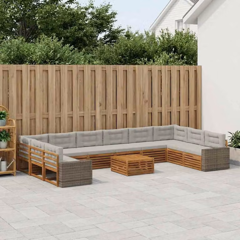 Set di divani da giardino a forma di U vidaXL in legno di acacia con 11 pezzi, colori beige, grigio e marrone
