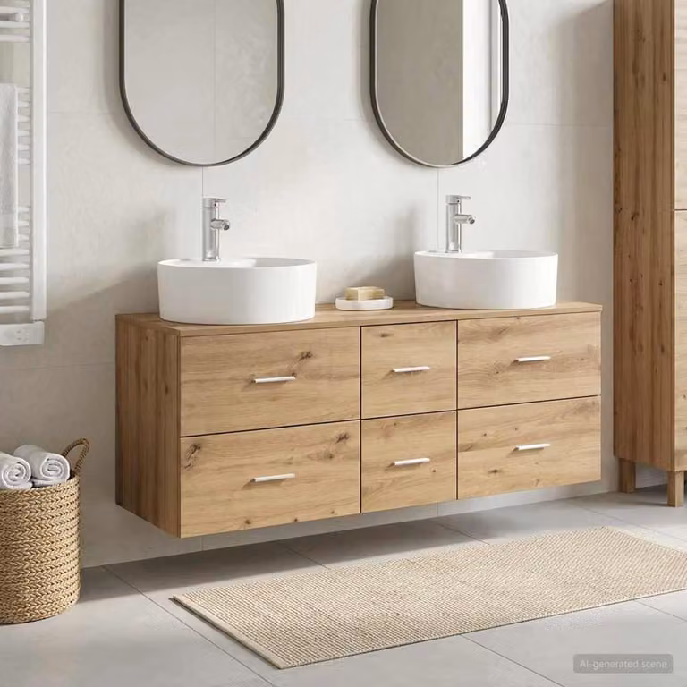 Set di mobili per il bagno moderno vidaXL in 3 pezzi, colore marrone e argento, con mobile lavabo e armadietto laterale, L/P/H: 129,0 x 44,5 x 82,0 cm