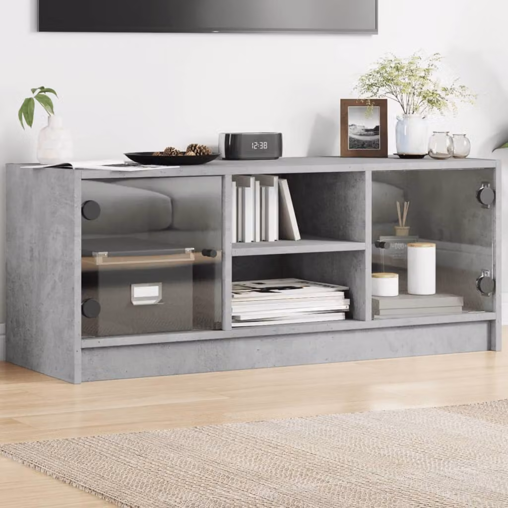 Mobile Porta TV vidaXL con Ante in Vetro e Struttura in Legno, Grigio Cemento, L 102 x P 37 x H 42 cm