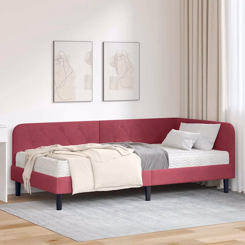 Cornice del letto ad angolo vidaXL in velluto rosso, L 90 x P 200 cm – 1
