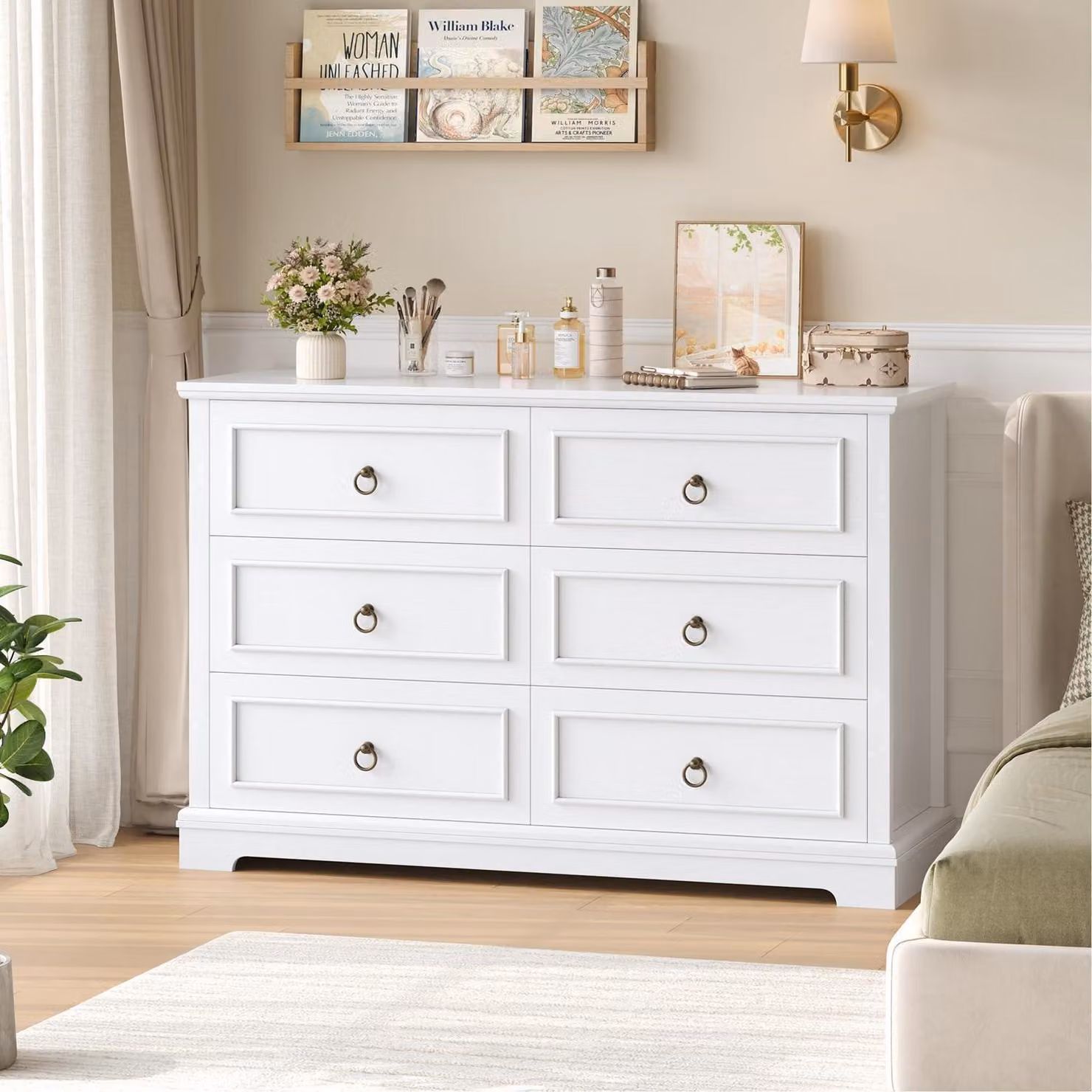 Comodino con 6 cassetti, 120 cm, bianco, effetto legno. Mobile contenitore per soggiorno o camera da letto, dimensioni 120x84x40 cm
