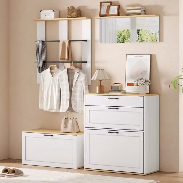 Set ingresso modulare WISHDOR con scarpiera, panca, specchio e appendiabiti, L/P/H: 156 x 36 x 176 cm, bianco e legno naturale