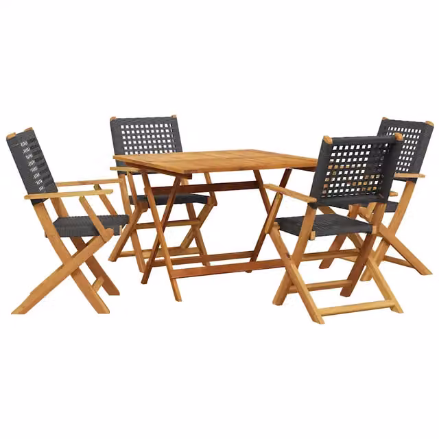 Set da Pranzo per Giardino 5pz | Set Salotto da Giardino Nero Polyrattan e Legno Massello