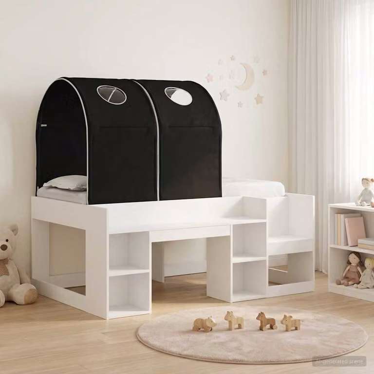 Letto per bambini con tunnel vidaXL in legno ingegnerizzato e tessuto, 3 pezzi, Bianco e Nero, L: 120 cm, P: 163 cm, H: 108,5 cm