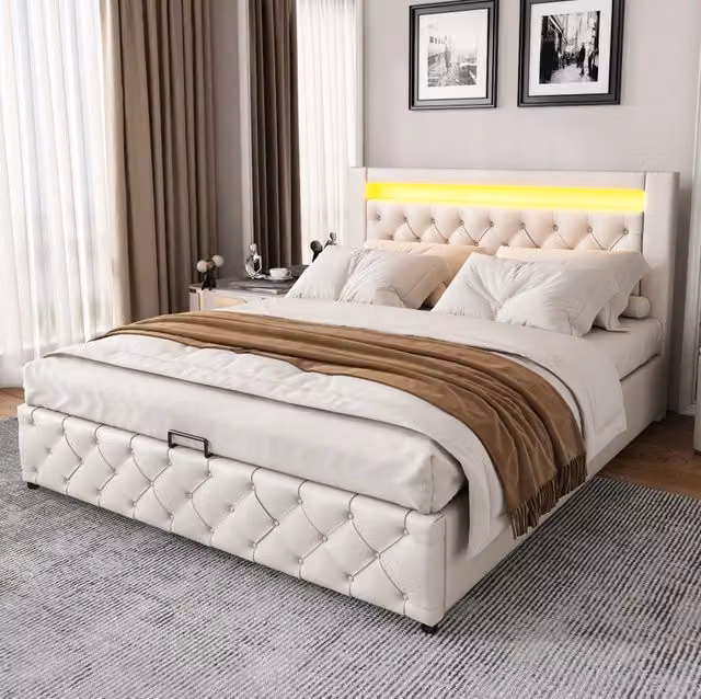Letto imbottito 160x200 cm in PU bianco con LED, rete a doghe e vano contenitore
