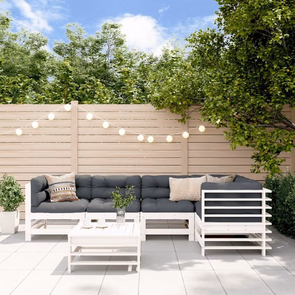 The Living Store Set da giardino 6 pezzi con cuscini in legno massiccio bianco