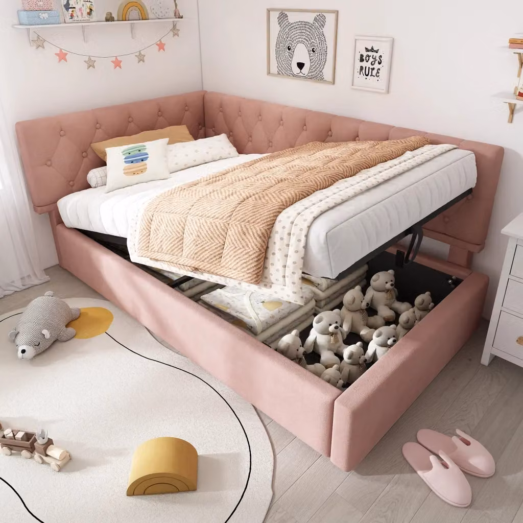 Divano letto singolo in velluto rosa con contenitore idraulico e testiera reversibile, L/P/H: 90 x 190 x 77 cm – 2