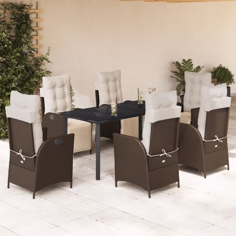 Set da Pranzo da Giardino 7pz vidaXL in Polyrattan Marrone con Piano in Vetro
