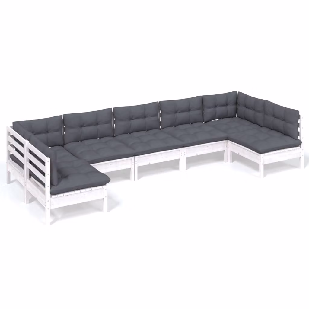 Set Divani da Giardino 7 pz con Cuscini Bianchi Legno di Pino