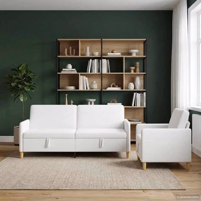 Set di Divani Moderni vidaXL in Tessuto con Seduta Sollevabile e Contenitore, Bianco e Marrone – 1
