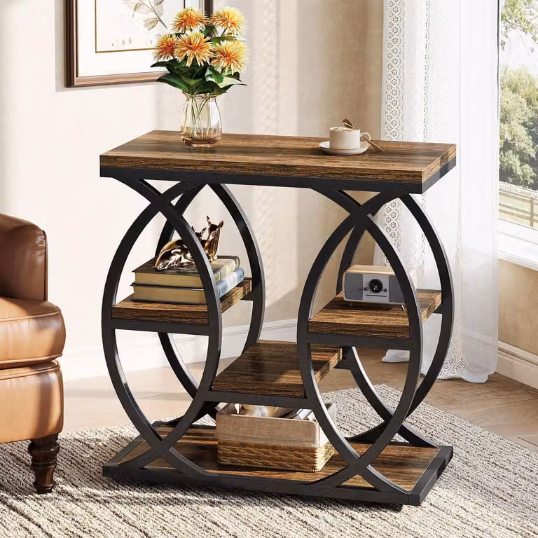 Tavolino laterale con 4 ripiani, stile industriale, colore marrone, realizzato in legno e metallo, dimensioni 23,6 x 11,8 x 23,6 cm