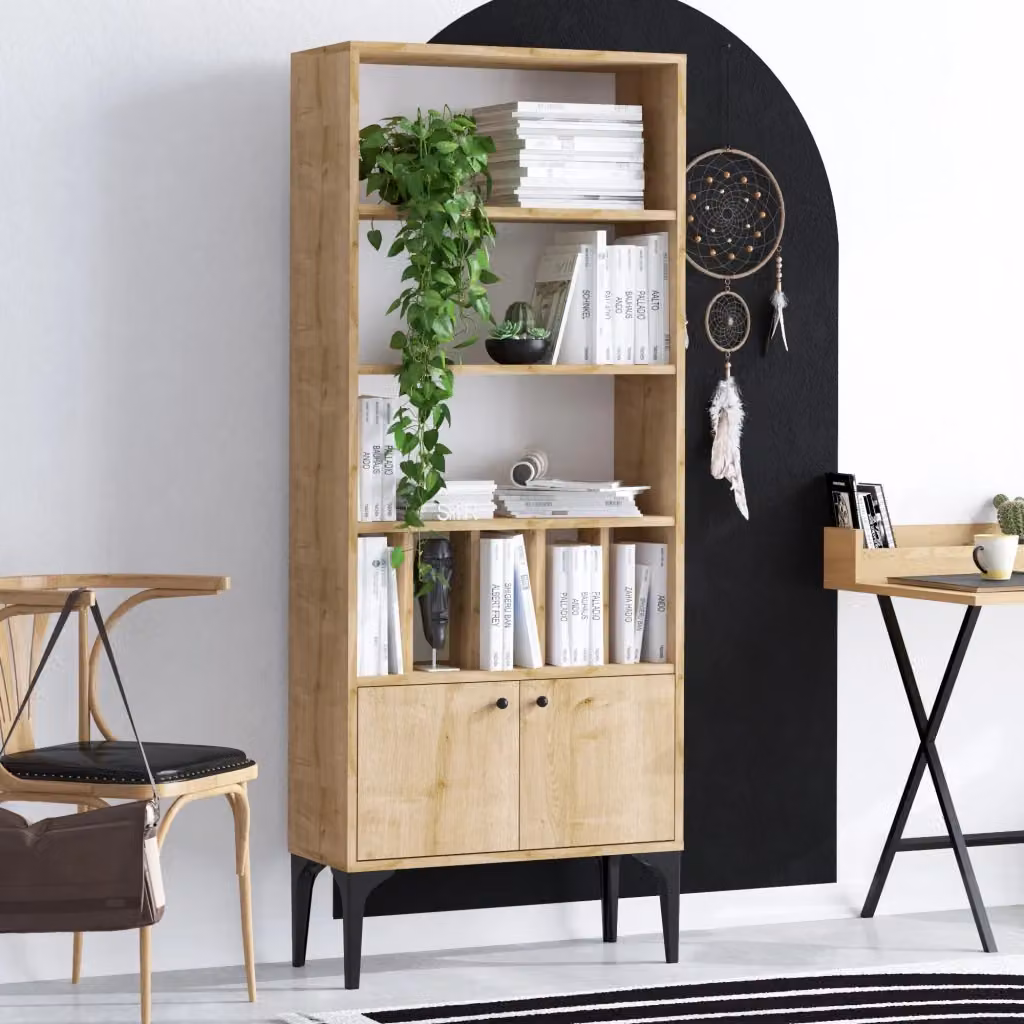 Libreria in legno Pollux moderna in rovere color beige e marrone L/P/H: 60 x 30 x 175 cm – 2