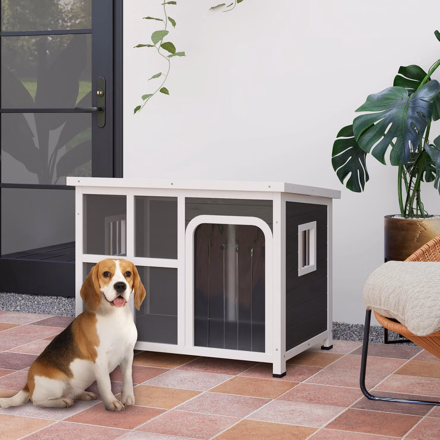Casetta per cani PawHut in legno di abete laccato, Grigio Chiaro, L: 90 cm, P: 62 cm, H: 71 cm – 2
