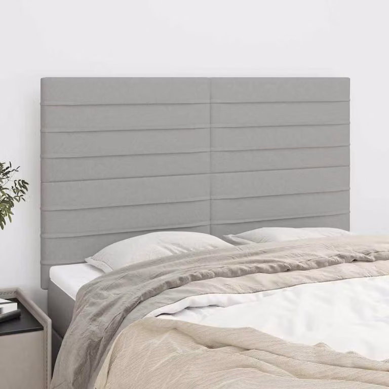 Testiera per letto vidaXL in tessuto grigio chiaro con struttura in legno e pannello imbottito L: 144 cm, P: 5 cm, H: 118-128 cm