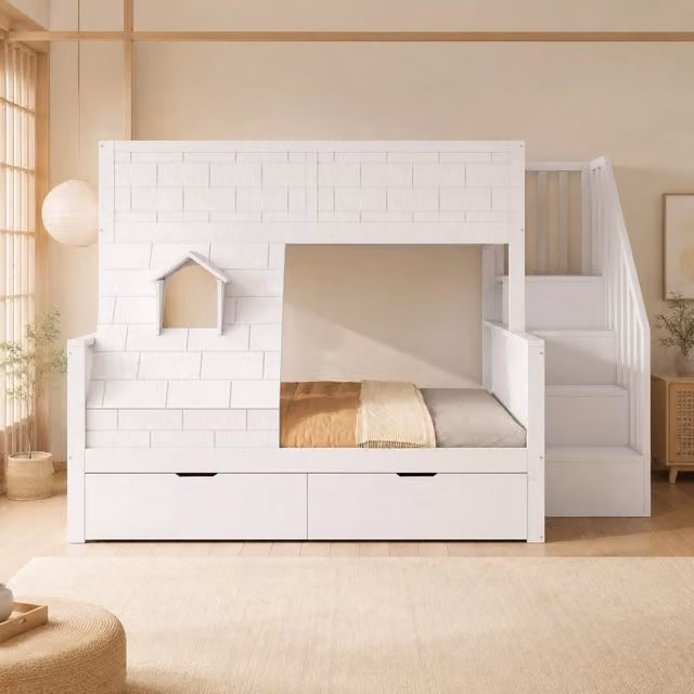 Letto a castello per bambini con scala contenitore e cassetti; 90x200/140x200 cm; bianco