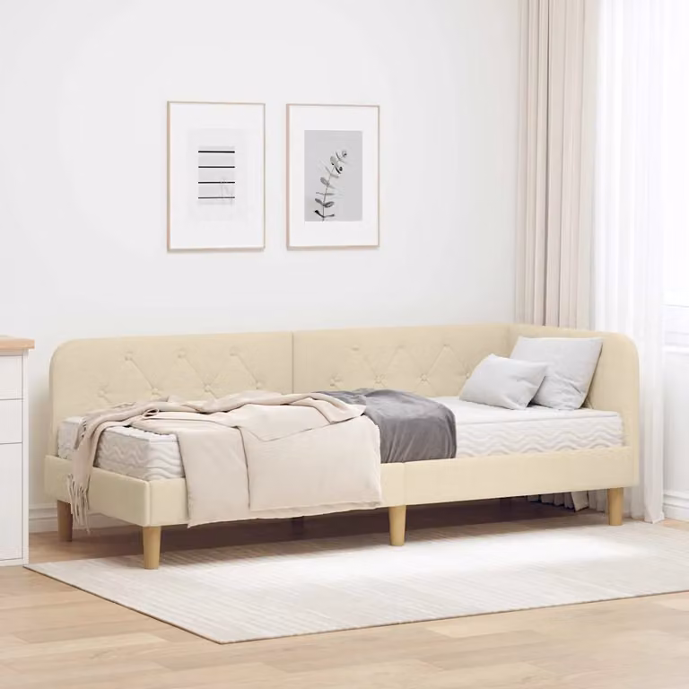 vidaXL Cornice del letto ad angolo asimmetrica beige in tessuto e legno L: 204 cm, P: 140 cm, H: 84 cm