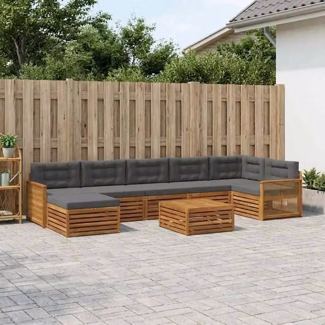 Set di divani da esterno a L vidaXL in legno di acacia con tavolino e pouf, colore Naturale e Antracite