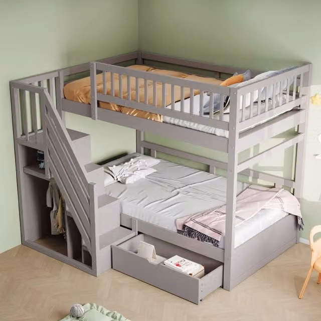 Letto a castello Mivray grigio con scala contenitore, cassetti e rete a doghe, dimensioni 90 x 200 cm