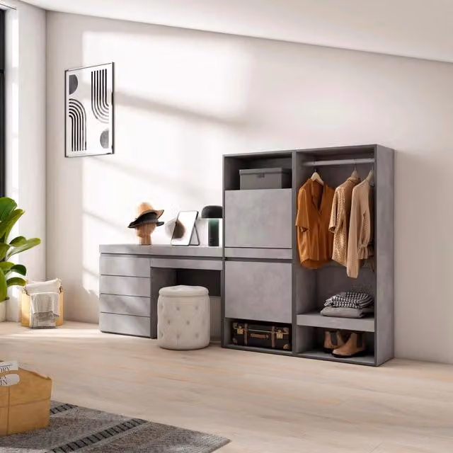 Scarpiera, 247x35x145cm, Camera da letto, Armadio Aperto, Cassettiera, Tavolo da toeletta, grigio cemento RF3520