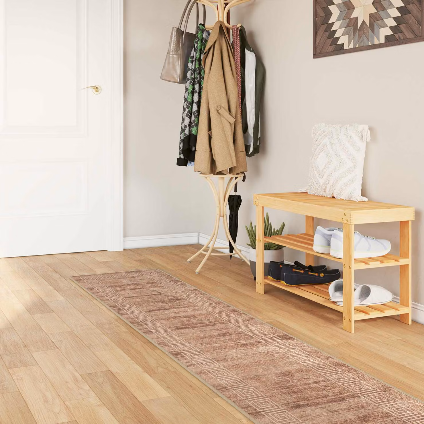 Tappeto Runner vidaXL MARSA Bianco e Marrone, Design Geometrico Moderno, Lavabile e Antiscivolo, L 300 x P 50 cm