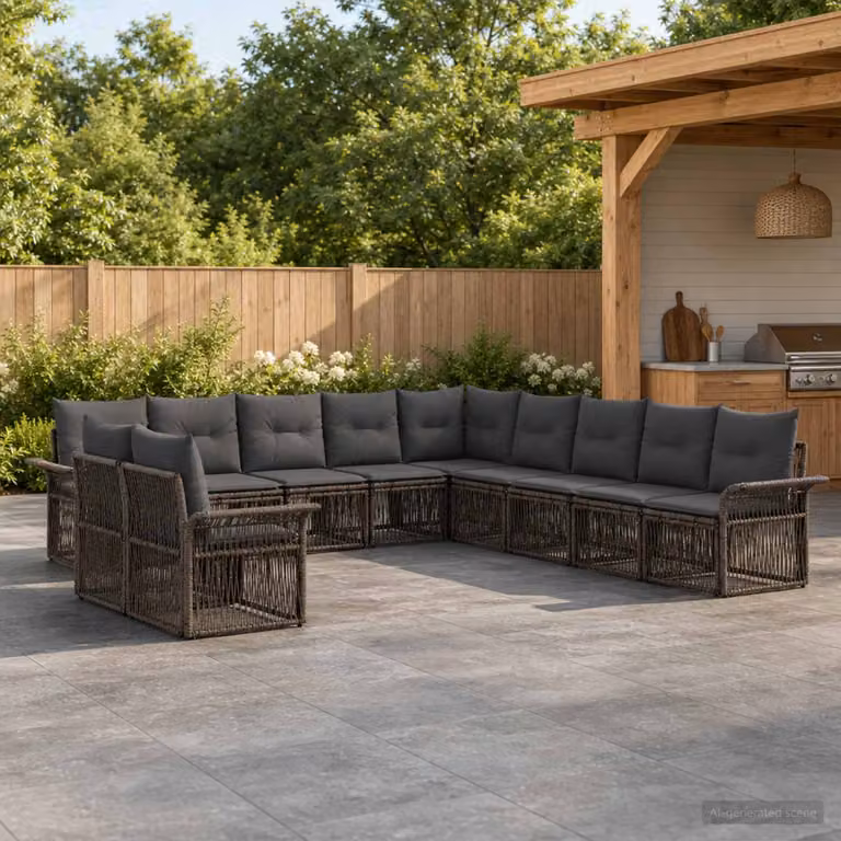 Set Divano da Giardino vidaXL a forma a U in Polyrattan Grigio con 11 Pezzi e Cuscini Inclusi