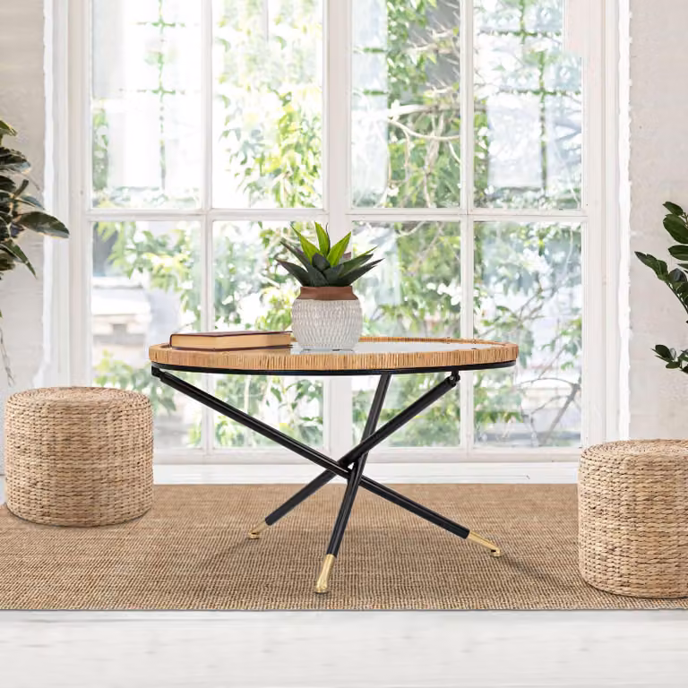 Langka - Tavolino da Salotto, 80x80x47h cm Nero, Dettaglio Effetto Rattan