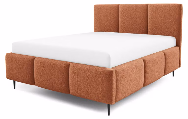 Letto imbottito con contenitore integrato, modello Melora, finitura rame lucido, dimensioni 160 x 200 cm