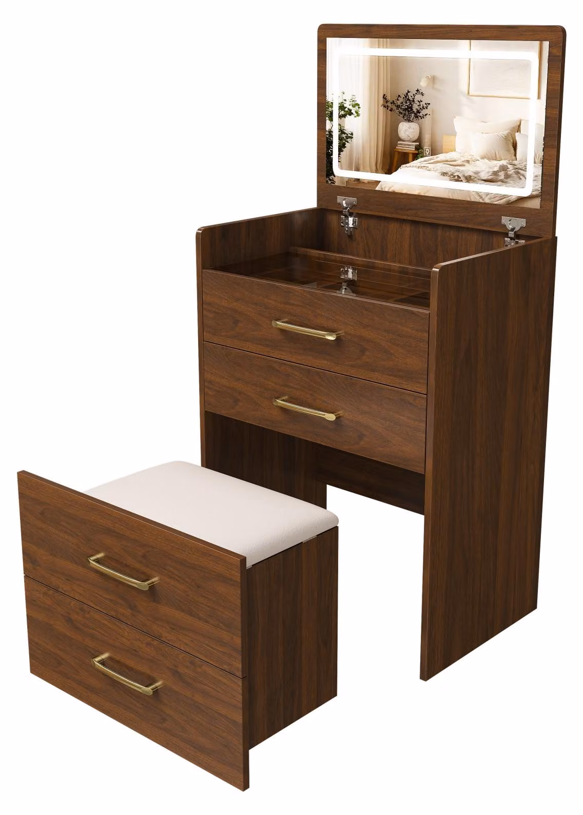 Toeletta 3 in 1 con specchio aperto, set da toeletta con piano in vetro trasparente, toeletta compatta con 3 cassetti, dimensioni: L60 x H118 x P40 cm