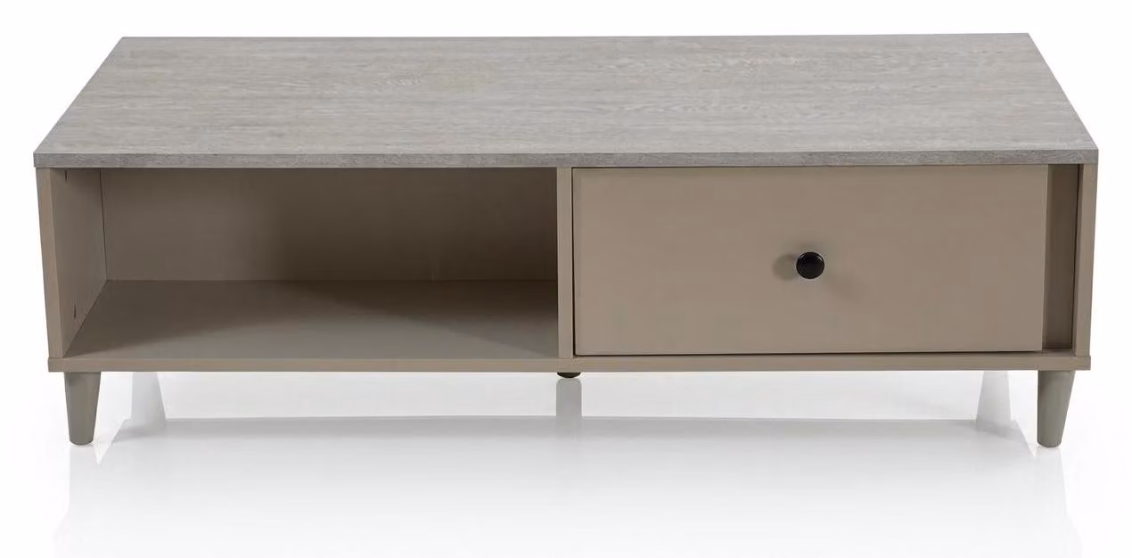 Tavolino da caffè in legno color beige, tavolo rettangolare con cassetto, ideale per lo studio