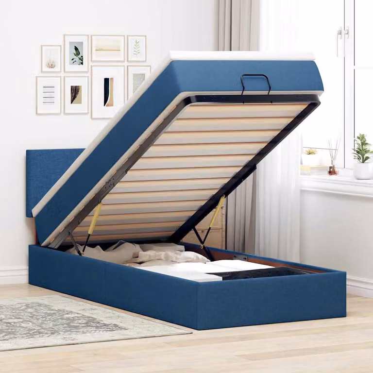 Struttura Letto Pouf con Materasso vidaXL in Tessuto Blu e Bianco, L/P/H: 90 x 190 x 88 cm