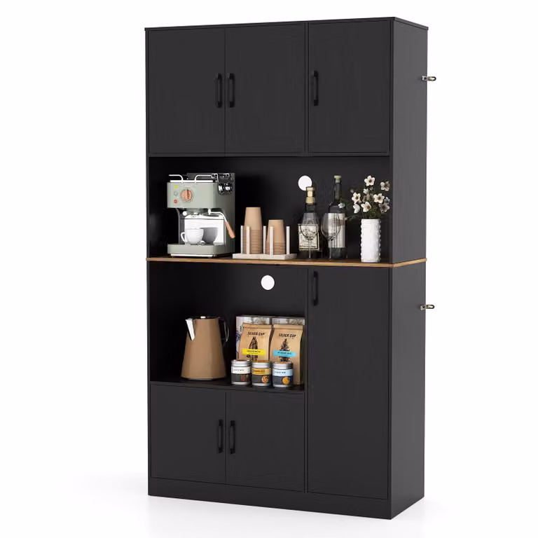 Mobile da cucina COSTWAY, mobile buffet, mobile alto con prese, ante e piano di lavoro, mobile dispensa, mobile contenitore, 100x40x180cm, nero
