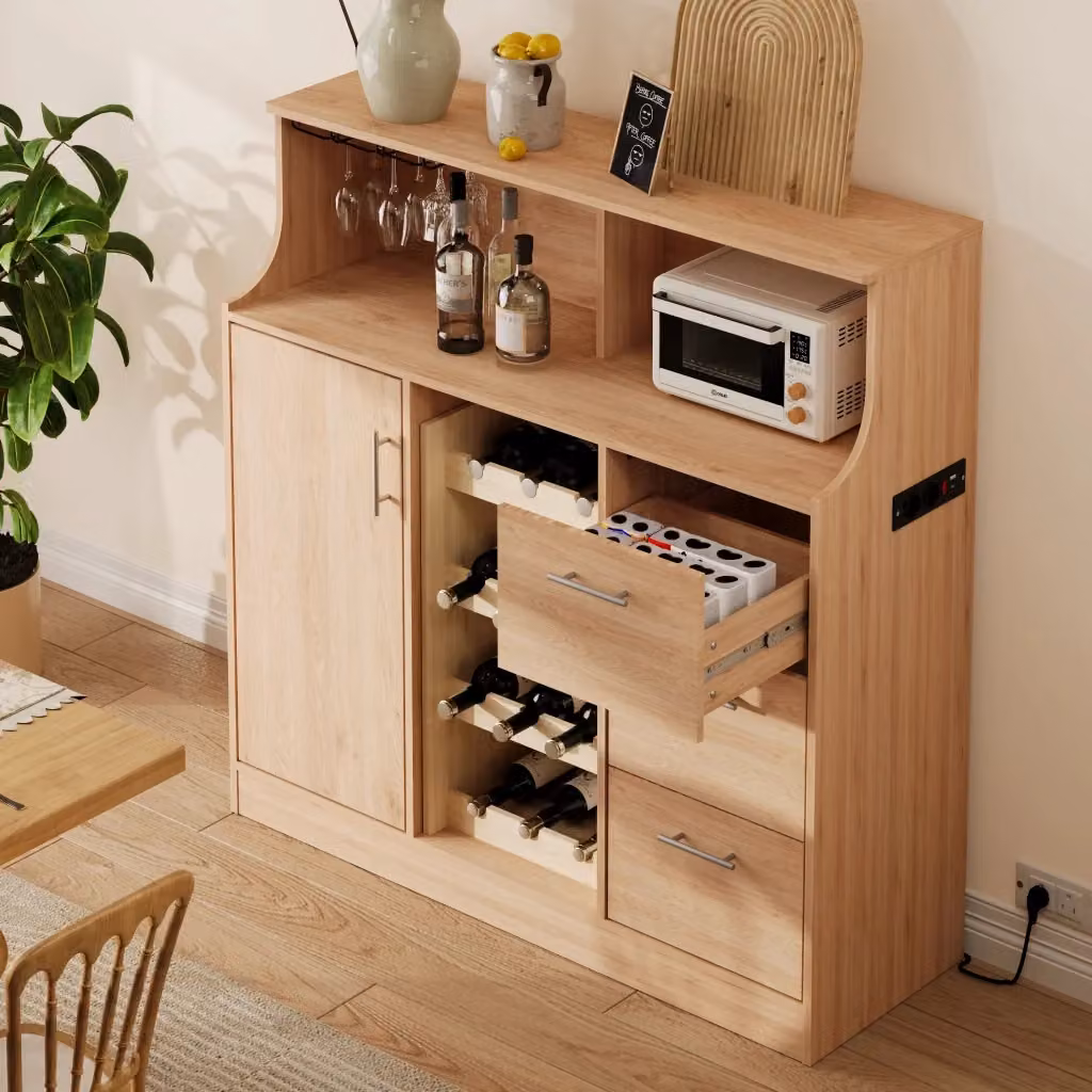 Mobile bar moderno OKWISH in MDF laminato bianco e naturale con LED, presa elettrica e portabicchieri per cucina e soggiorno L/P/H: 120 x 40 x 121 cm – 2