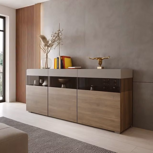 Madia DMORA Fanna, Credenza Moderna in Legno e Vetro per Cucina e Soggiorno, Marrone e Beige, L: 180 cm, P: 41 cm, H: 80 cm