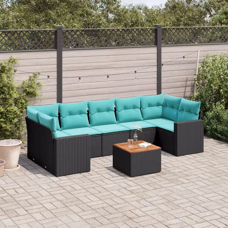 Set di divani da giardino vidaXL 8 pezzi in polyrattan nero con cuscini in legno di acacia oliato