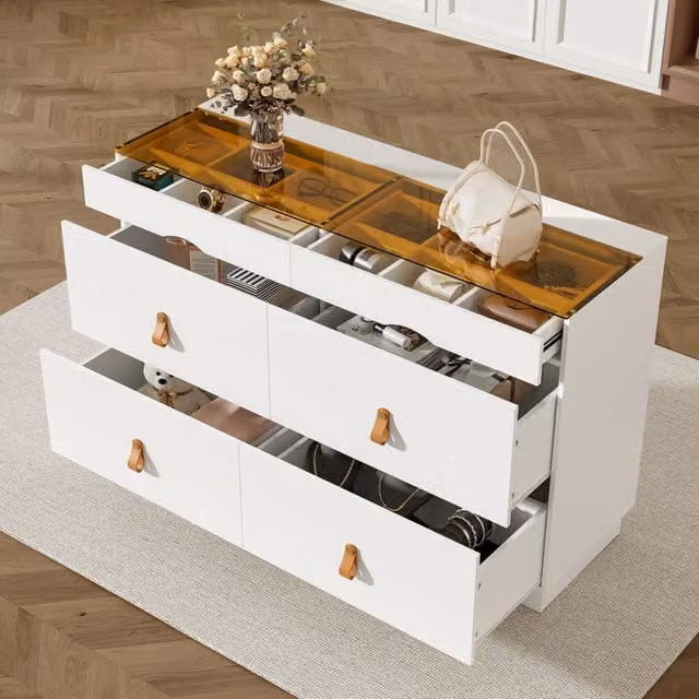Desviae Cassettiera per gioielli con 6 cassetti e piano in vetro bianco per camera da letto 120 × 40 × 78 cm