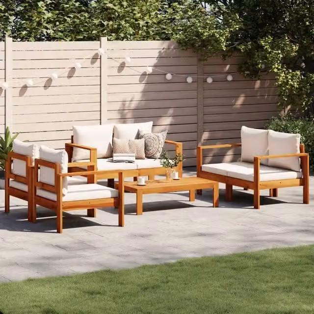 Set Divano da Giardino 5 Pezzi vidaXL in Legno di Acacia con Cuscini Bianchi – 1