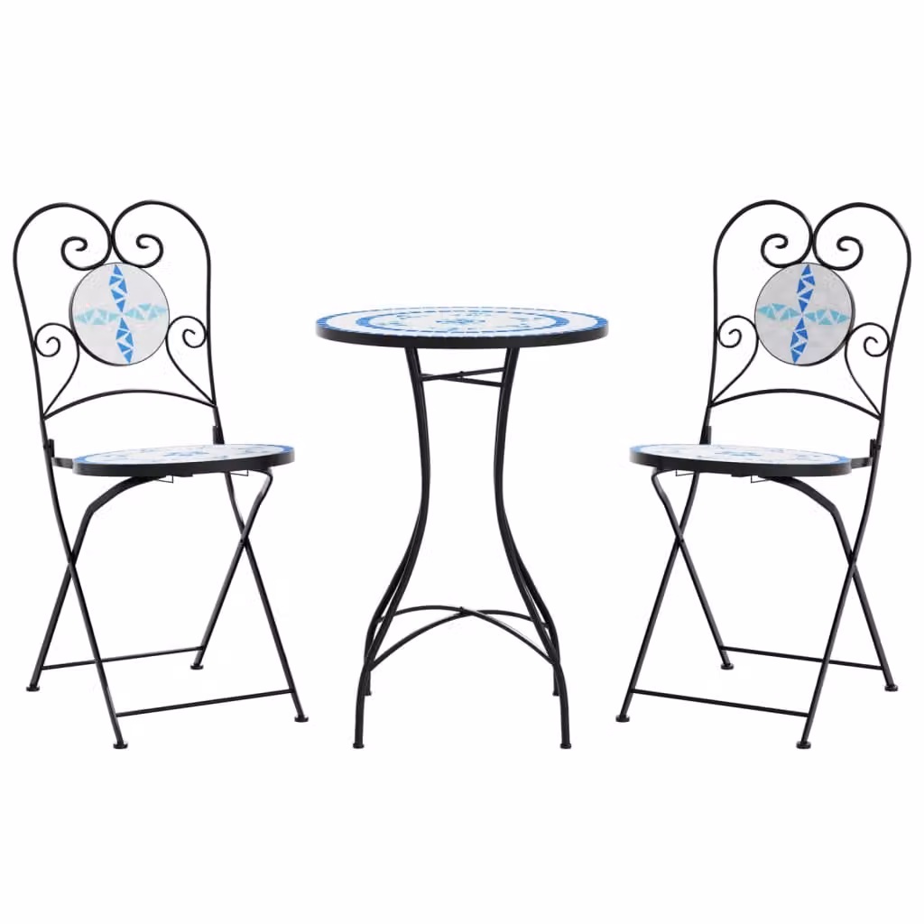 Set da Bistrot con Mosaico Blu e Bianco in Ferro e Ceramica