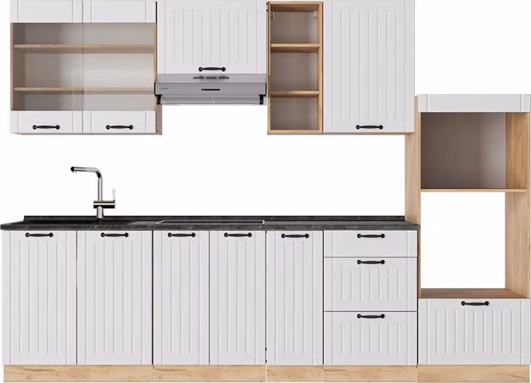 Cucina componibile Vicco Fame-Line Bianco rustico 280 cm senza piano di lavoro, Model 57088