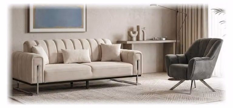 Divano componibile: 1 divano a 3 posti, 1 poltrona. Colore: grigio, beige. Stile: moderno, lussuoso