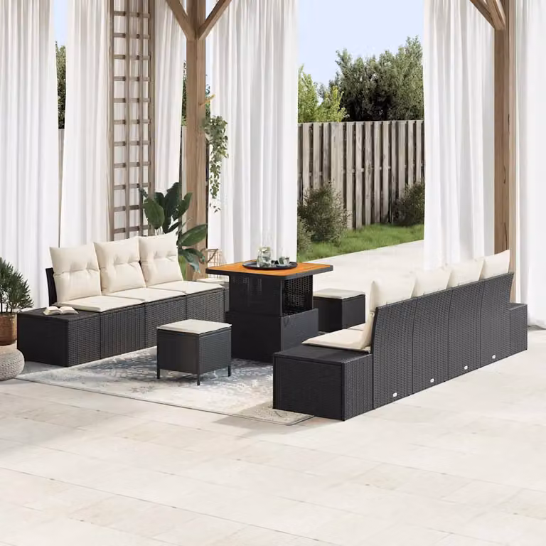 Set Divano da Giardino vidaXL a L con 10 Pezzi, Nero, con Cuscini e Tavolino, in Poly Rattan e Acciaio