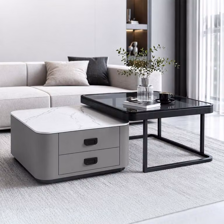 Set di tavolini da caffè, 2 pezzi, impilabili, bianco e grigio, effetto marmo, con cassetti