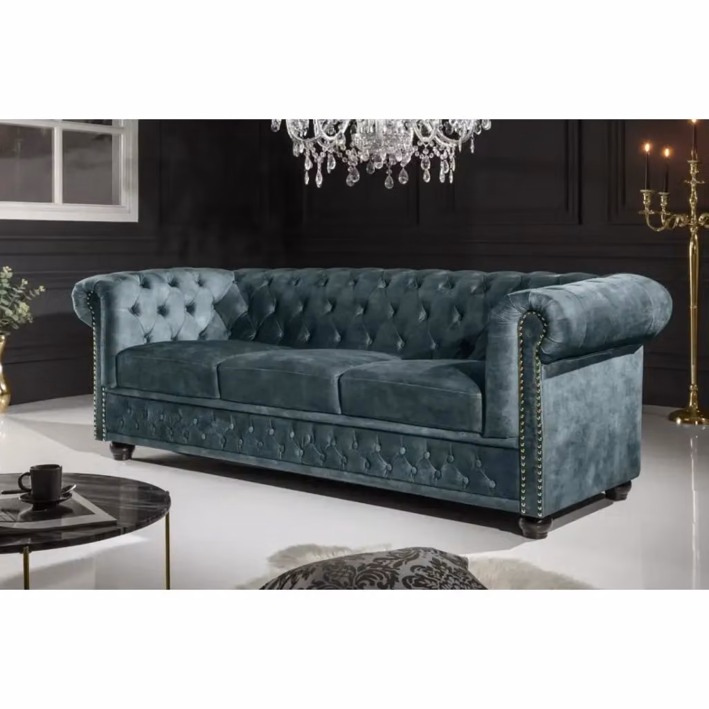 Divano diritto EDGAR Meublorama in velluto stile barocco, 3 posti, Blu pavone - L: 205 cm, P: 73 cm, H: 87 cm – 2