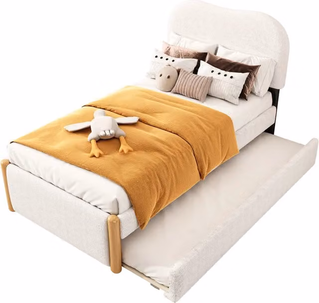 Letto singolo 90 × 200 cm con letto estraibile 91 × 191 cm, 2 posti, senza materasso, imbottito in velluto bianco